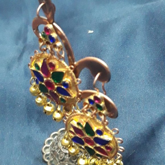 Golden Kuchi Dangle Earrings: Multicolor Glass Stone Tribal Jewelry - Picture 7 of 8